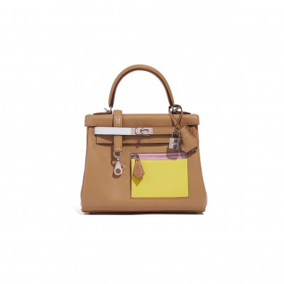 HERMÈS MASTER KELLY 25 SWIFT COLORMATIC CHAI MAUVE BLEU BRUME JAUNE DE NAPLES (25*17*7cm) 